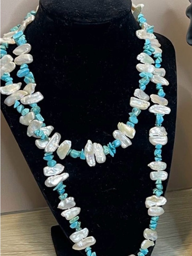 Turquoise & White Pearl Beaded Necklace - Women Jewelry